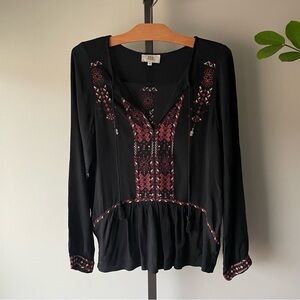 Noa Noa Boho Tassel Front Tie Blouse Top Black Red Embroidered Size 36 Small
